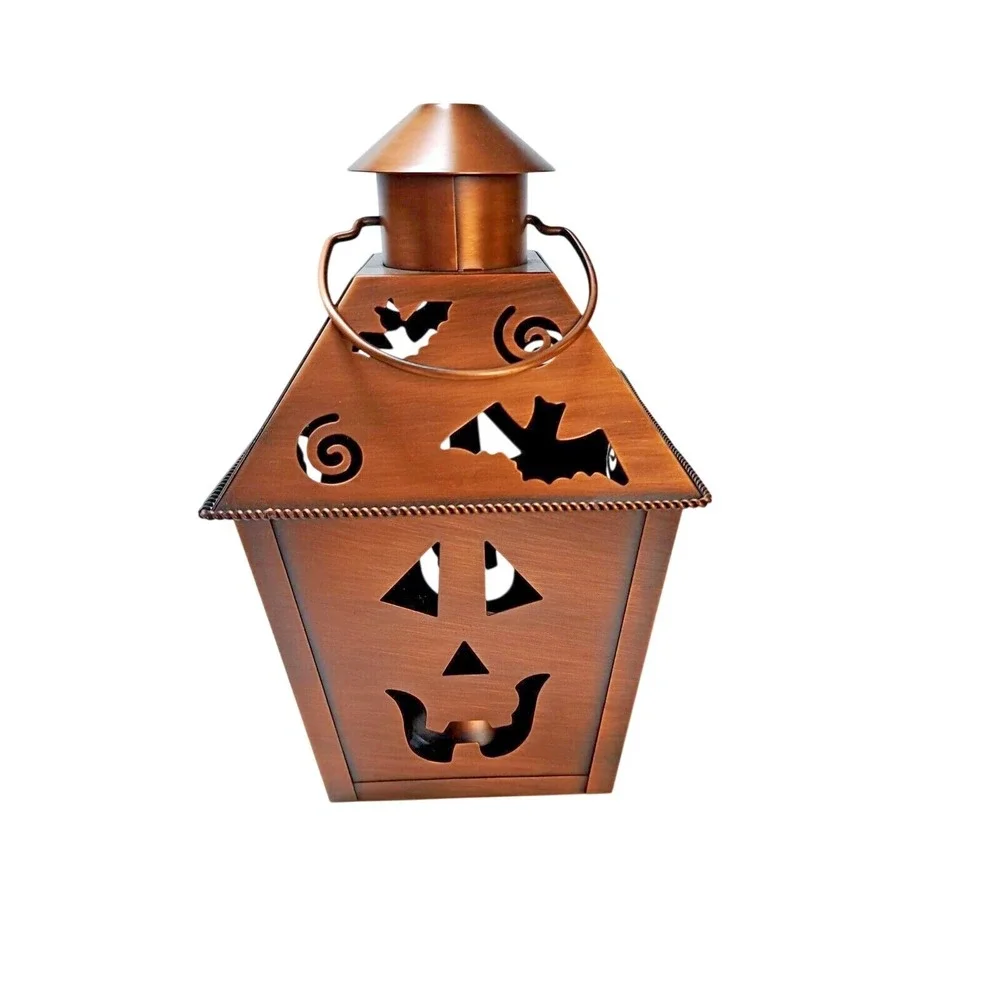 Halloween Metal Lantern Tealight Candle Holder Copper Bronze Tone Jack-O-Lantern